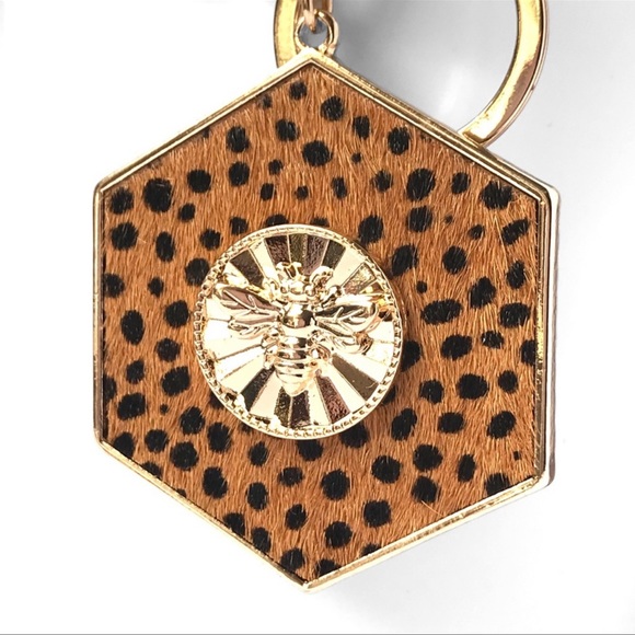 (12)New Genuine calf leather hexagon bee animal print trendy keychain - Picture 4 of 7